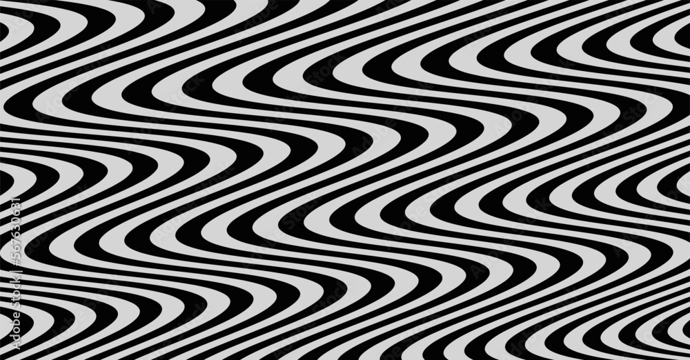 Wavy pattern with optical illusion. Black and white design. Abstract striped background. 3d vector illustration. Wavy pattern with optical illusion. Black and white design. Abstract striped background. 3d vector illustration.