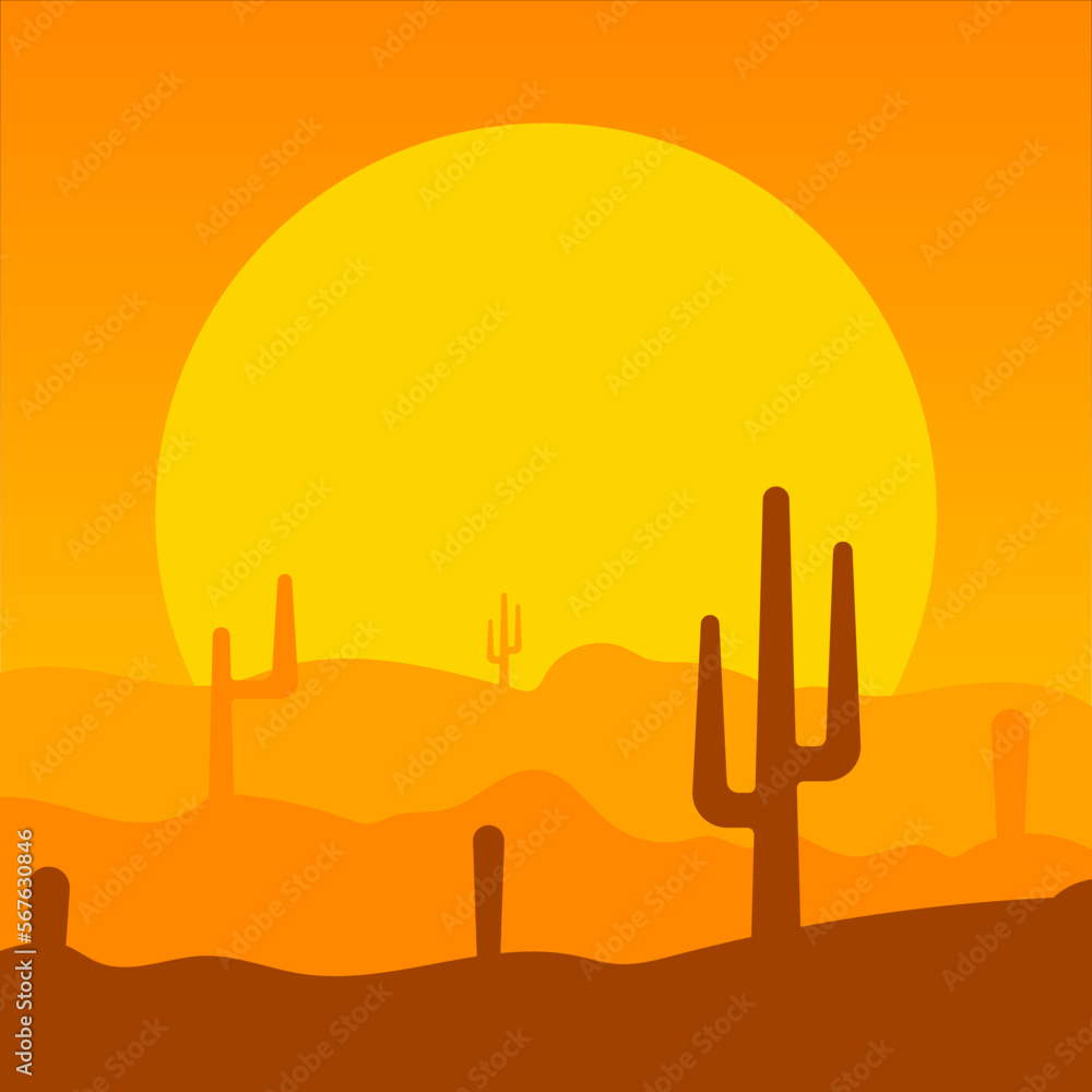 Flat abstract icon, sticker, button with desert, sun, cactuses.. Flat abstract icon, sticker, button with desert, sun, cactuses..