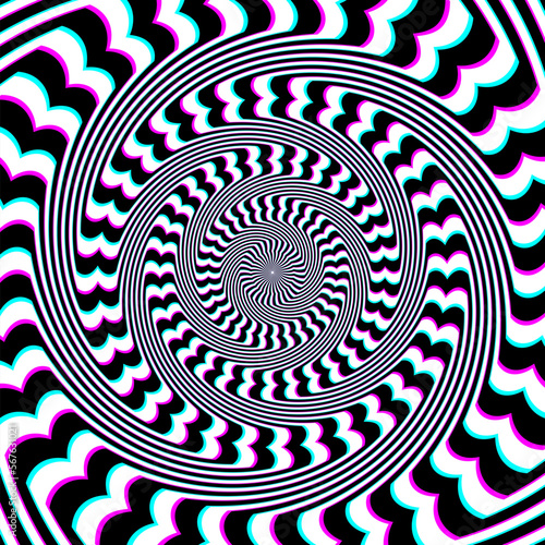 Optical art circle of white black and cyan magenta distorted striped pattern. Psychedelic background design.