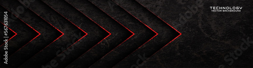 3D black rough grunge techno abstract background overlap layer on dark space with red arrow decoration. Modern graphic design element cutout style concept for banner, flyer, card, or brochure cover