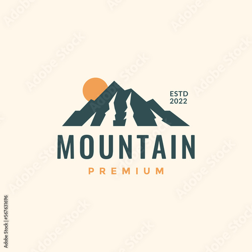 mountain hill peak sunset panoramic landscape outdoor hiking simple vintage logo design vector icon illustration