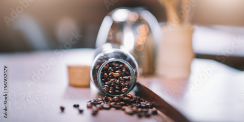 Close up coffee bean on wood table with copy space.