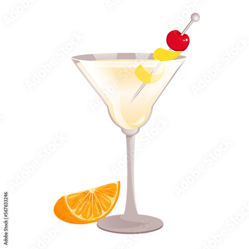 "Tuxedo" cocktail. Alcoholic classic cocktail garnished with lemon peel and cherry. Vector illustration.