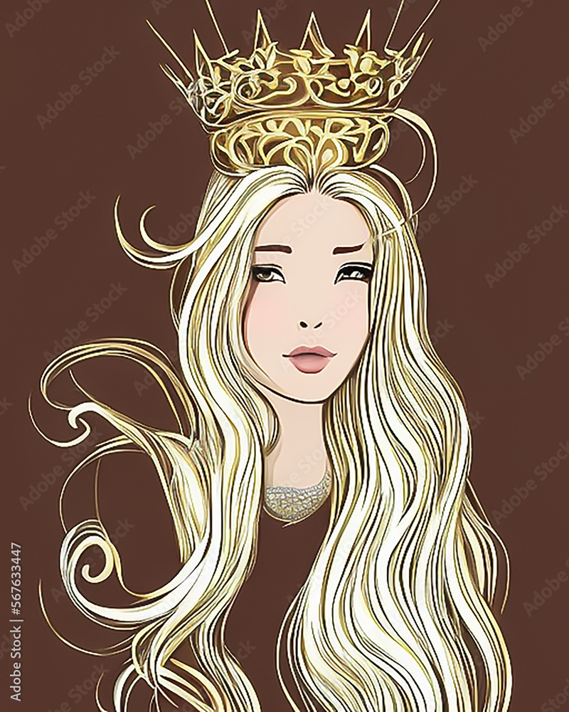 Illustration of a blonde woman with a crown, created with Generative AI technology