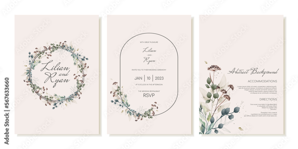 Elegant wedding invitation with text frame and dried flowers. Vector template