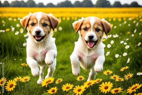 Adorable puppies jumping in a field of daisies and flowers