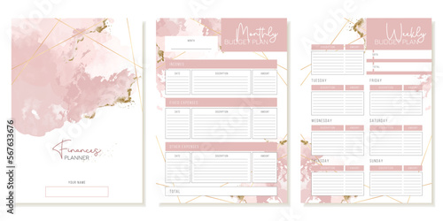 Template of monthly and weekly finance planner with watercolor pink spots with glitter. Delicate design for girls and women. Vector