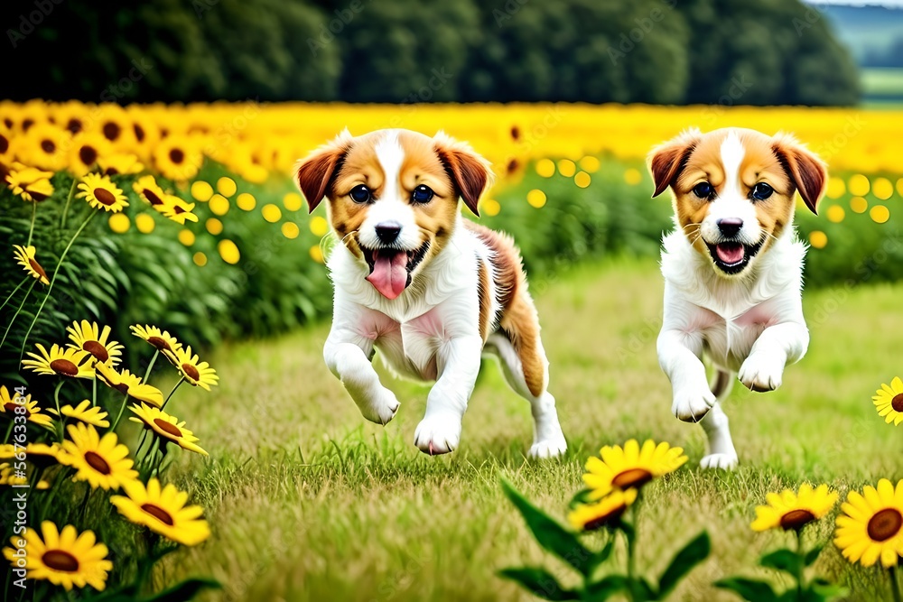 Adorable puppies jumping in a field of daisies and flowers Adorable puppies jumping in a field of daisies and flowers