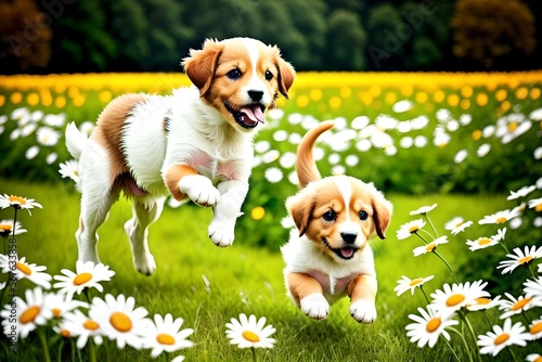 Adorable puppies jumping in a field of daisies and flowers