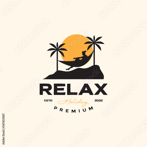 young man relax beach coconut tree hammock sunset holiday vintage logo design icon vector illustration