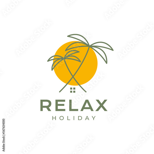 coconut trees and sunset relax holiday minimalist lines art logo design icon vector illustration