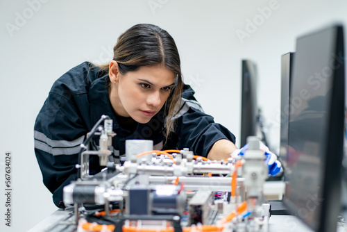 female engineer working on industrial machine in a laboratory.