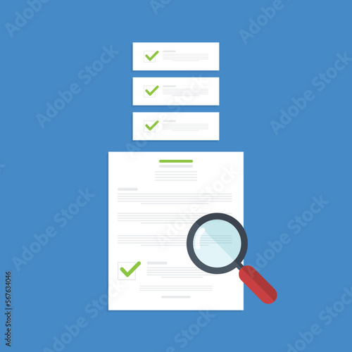 Document, contract review, analysis, inspection of agreement contract, compliance verification.	Vector illustration.