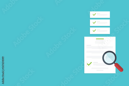 Document, contract review, analysis, inspection of agreement contract, compliance verification.	Vector illustration.