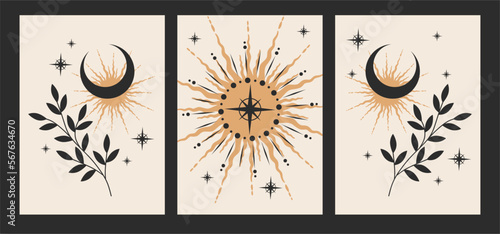 Set of esoteric alchemy mystical magic posters. Crescent, sun, stars, floral elements. Spiritual talisman, occultism objects. Boho illustration