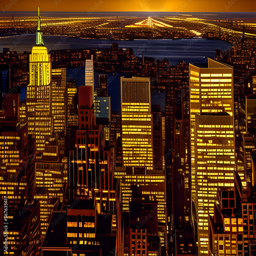 Obraz premium A cityscape of New York at night is a stunning and unique image that captures the essence of one of the world's most iconic cities. The photo showcases the skyline of New York generative ai