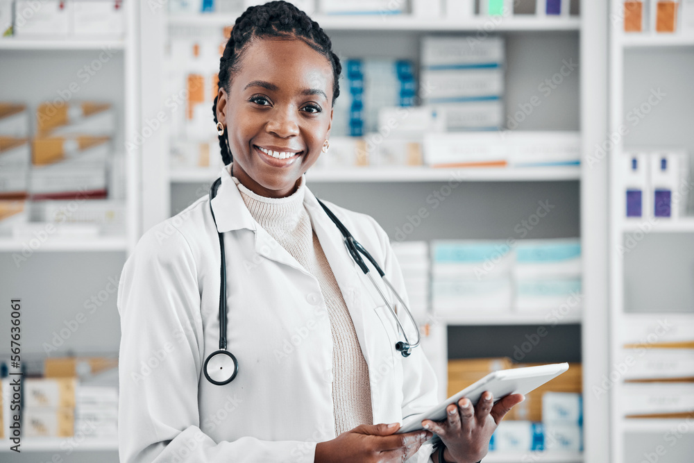 Black woman, pharmacist portrait and tablet for pills stock and health data for wellness. Happy, pharmacy worker and smile of a pharmaceutical consultant with technology ready for online storage job Black woman, pharmacist portrait and tablet for pills stock and health data for wellness. Happy, pharmacy worker and smile of a pharmaceutical consultant with technology ready for online storage job