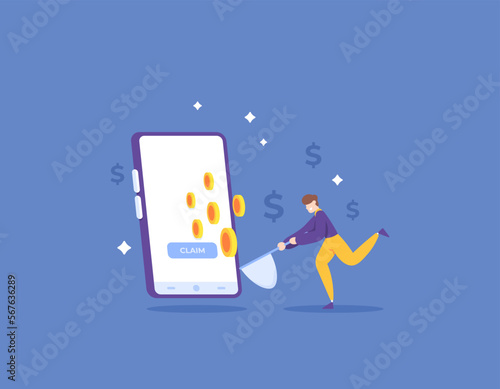 claim prize, withdraw, payout. get money from internet. money making apps. earn points. a man catch coins come out of smartphone use net stick. illustration concept design. graphic element