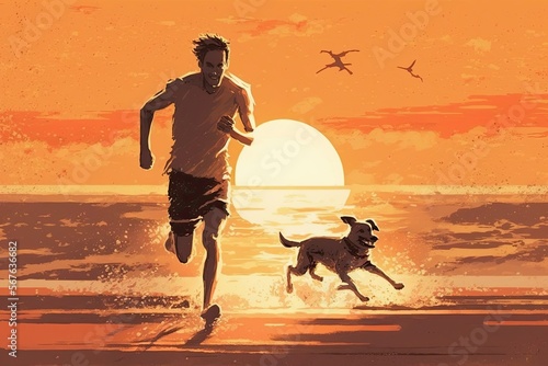 a man and his dog are running on the beacht at sunset, digital painting, ai art, illustration photo