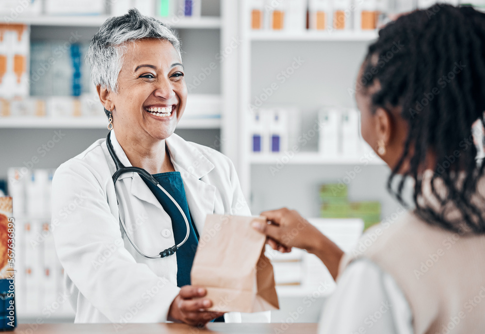 Happy senior pharmacist with medicine for a black woman for retail healthcare treatment or consultation. Consulting, trust or mature doctor helping a customer shopping for medicine, pills or drugs