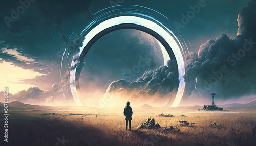 a man standing before a giant futuristic ring portal leading to other worlds, digital painting, ai art, illustration