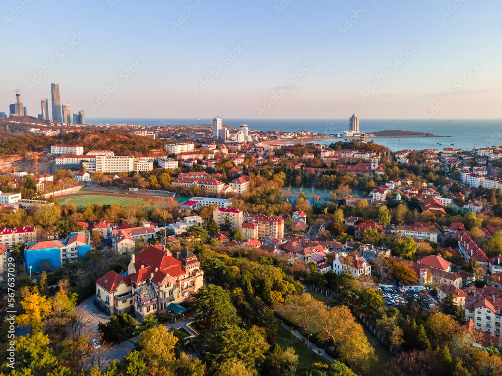 Naklejka premium Aerial photo of European architectural landscape in Qingdao Coastal Bay Area