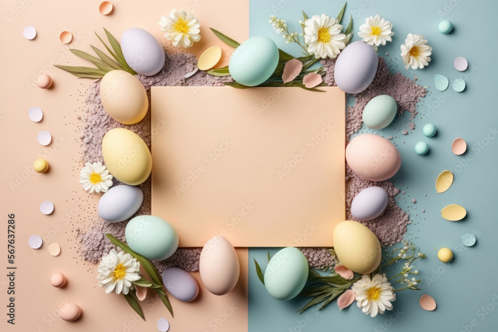Modern Easter Minimalism Egg and Flowers background. Generative AI Modern Easter Minimalism Egg and Flowers background. Generative AI