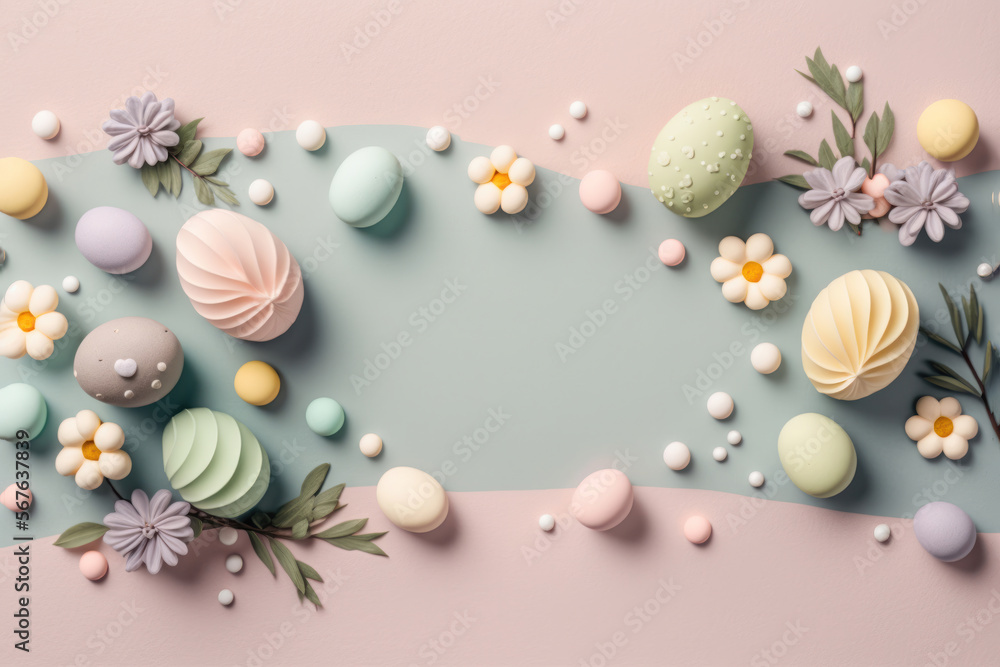 Modern Easter Minimalism Egg and Flowers background. Generative AI