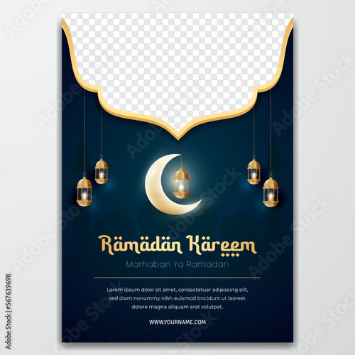 Ramadan kareem greeting flyer design with moon and lantern illusration