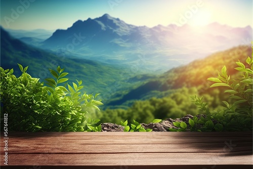 Landscape with wooden table top blank background created with generative AI