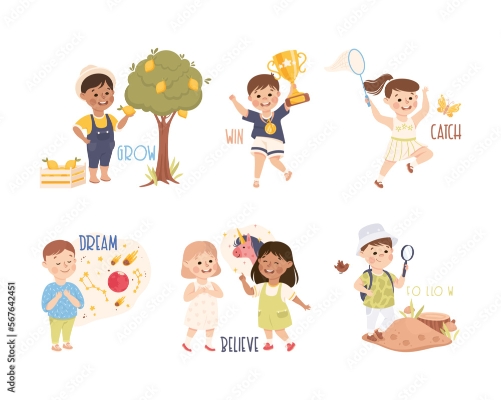Little Boy and Girl Demonstrating Different Activity as Verb Learning Vector Set Little Boy and Girl Demonstrating Different Activity as Verb Learning Vector Set