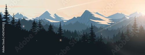 Vector illustration of landscape and pine forest. Sunrise in the mountains.