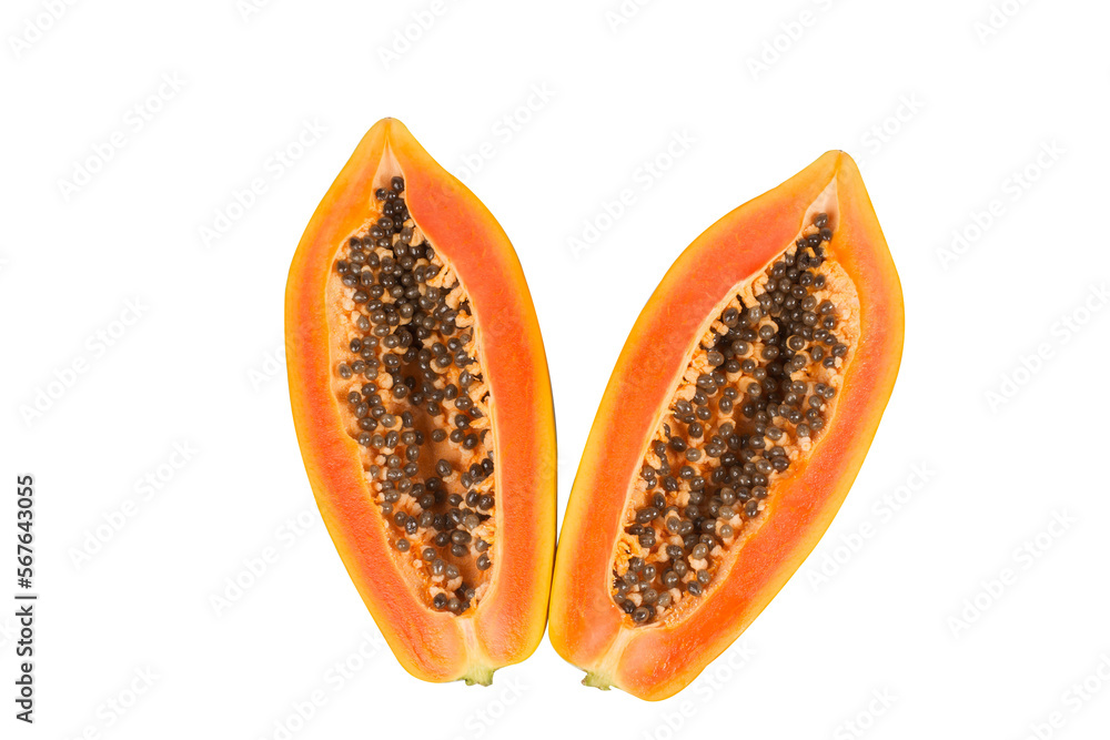 whole and half of ripe papaya fruit with seeds isolated on white background. Tropical nature fruits summer concept whole and half of ripe papaya fruit with seeds isolated on white background. Tropical nature fruits summer concept