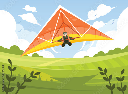 Smiling man flying on hang-glider. Sportsman on hang gliding competitions. Man gliding on delta-plane in the sky. Vector illustration