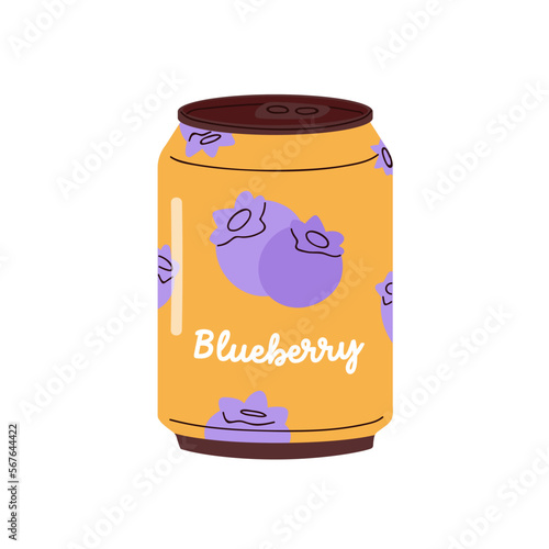 Berry drink, lemonade in tin. Blueberry flavored soda, juicy beverage packed ...
