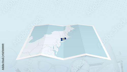 Map of Connecticut with the flag of Connecticut in the contour of the map on a trip abstract backdrop.