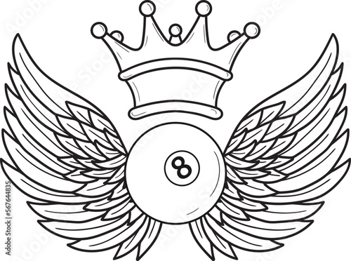 Billiard ball with wings and crown. Vector sports logo for any team and championship.
