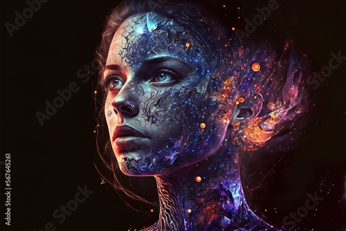 beautiful fantasy abstract ethereal  portrait of a beautiful woman double exposure with a colorful digital illustration 