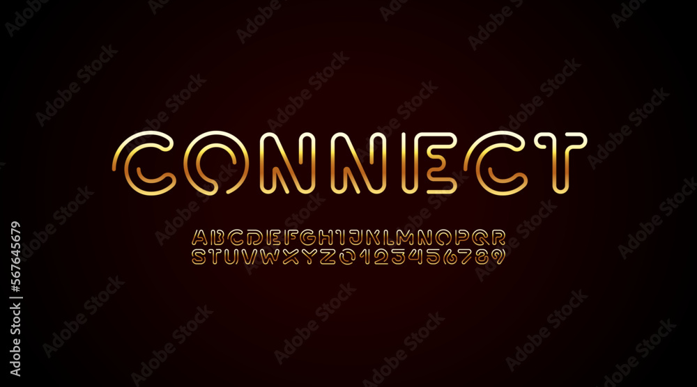 Fototapeta premium Metallic font alphabet from golden round wire, technology gold style letters and numbers, vector illustration 10EPS