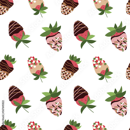 Chocolate covered strawberry. Strawberry in glaze, chocolate, sprinkle. Seamless pattern. Vector