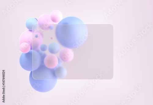 Glassmorphism rectangle plate with bright color geometric spheres on background 3d render. Frosted glass effect, translucent acrylic shape with thin light border, glass morphism style © marozhkastudio