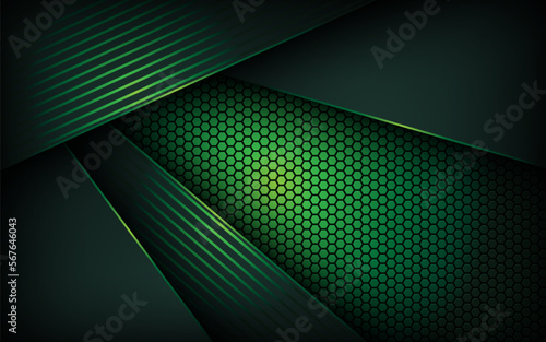 Dark abstract green light background with hexagon mesh pattern decoration.