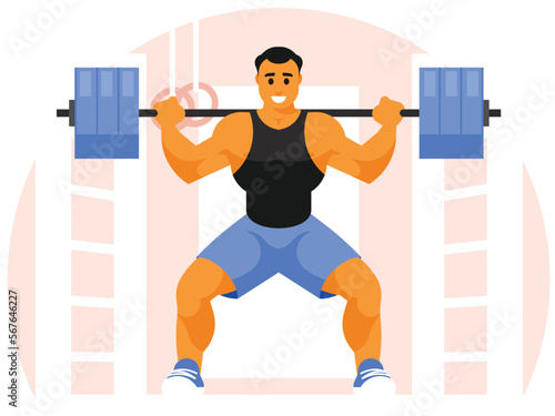 Weightlifter squats with a barbell. A weightlifting athlete wearing a black jersey. Vector graphics