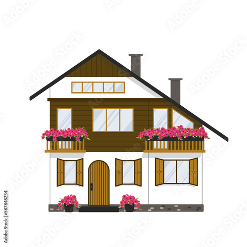 Chalet. Swiss cottage. Alpine house. Flat, cartoon, vector