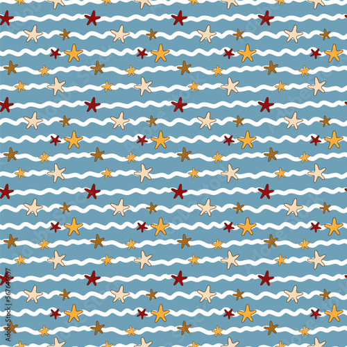 Red and yellow stars on a background of blue waves. Striped seamless nautical vector pattern.