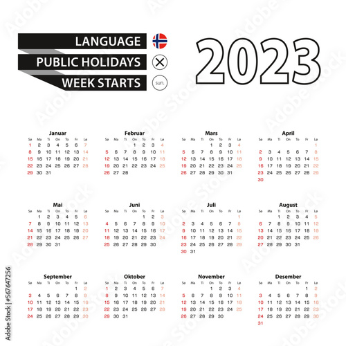2023 calendar in Norwegian language, week starts from Sunday.