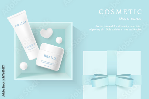 Cosmetics and skin care product ads template on blue background with gift box and ribbon.