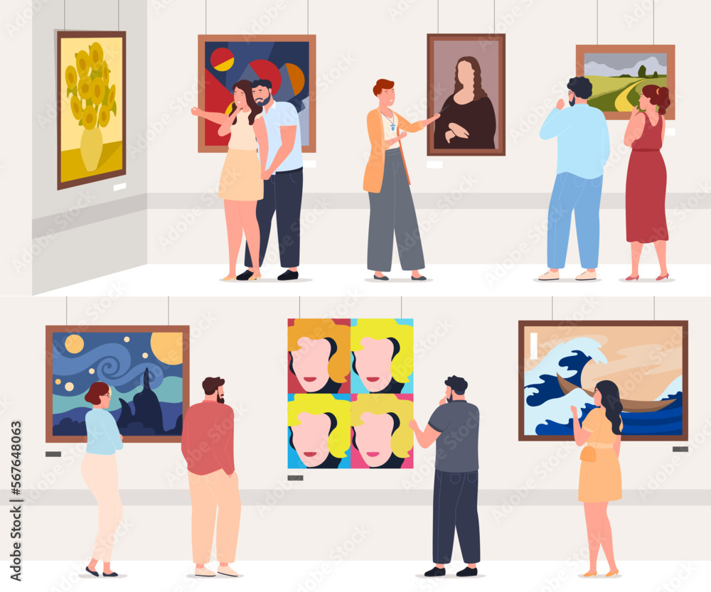 People in the Picture Gallery. Exhibition of famous paintings. Creative leisure activities. Vector illustration - obrazy, fototapety, plakaty 