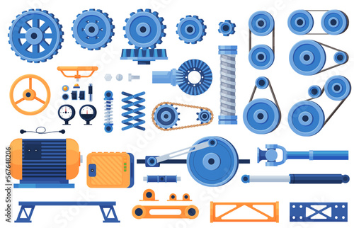 Different parts of the mechanism. Mechanical power units that can be assembled from various types of parts. Vector illustration