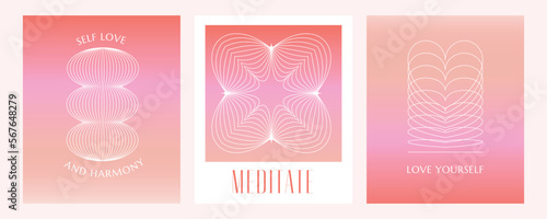 Vector set of design elements and illustrations in simple minimalist linear style - self care and love, prints and posters in y2k style